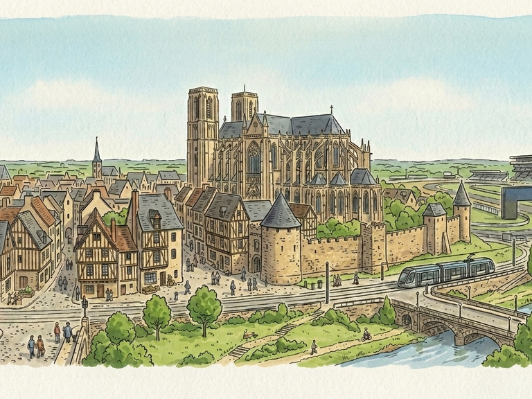 Illustration aquarelle  Mans montrant la Cathédrale Saint-Julien et la Cité Plantagenêt, zone d'intervention piano clavecin