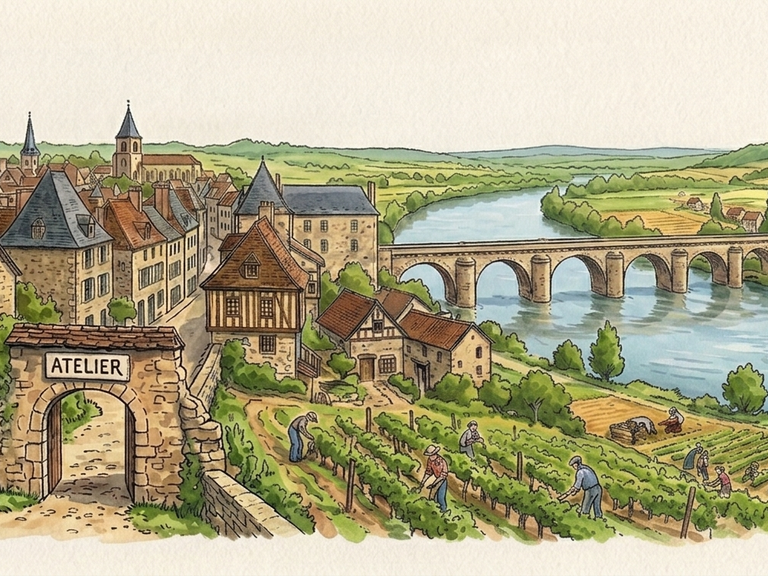 Illustration aquarelle Montpon-Ménestérol du pont sur l'Isle et vignobles, représentant la zone d'intervention en Dordogne piano clavecin